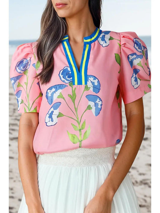 Floral Print V Neck Shift Blouse