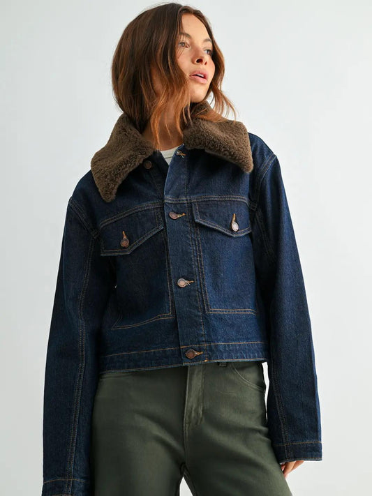 Jb Collection Fur Collar Jacket - Dark Denim