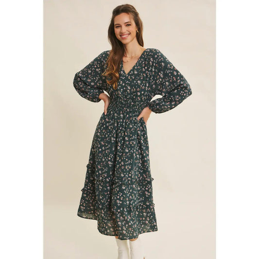 V-Neck Floral Smocked Waist Midi Dress With Balloon Sleeves
