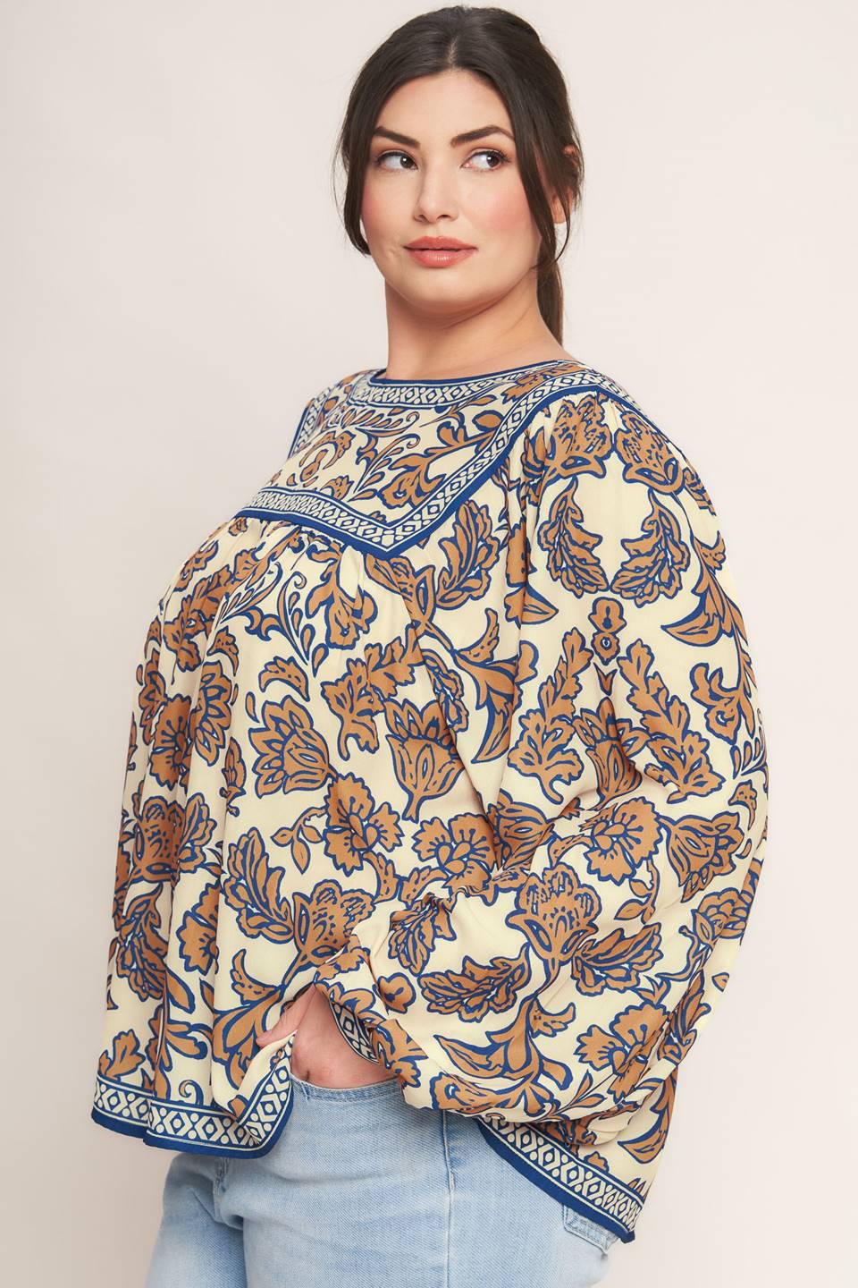 Cream Navy Printed Woven Top