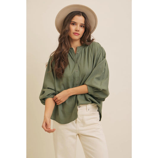 Olive Linen Blend Oversized Button-Down Blouse