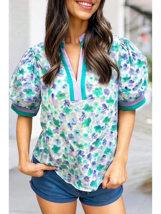 Floral Print V Neck Puff Short Sleeve Blouse