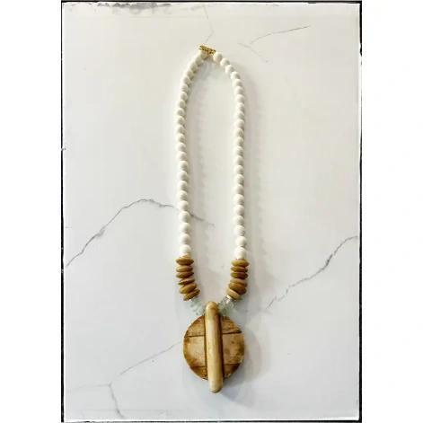 Wood, Glass & Bone Bead Necklace w/ Bone Circle Pendant