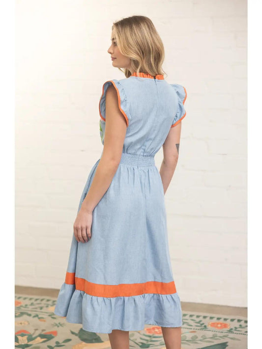 Ruffle Detailed Floral Embroidery Midi Dress