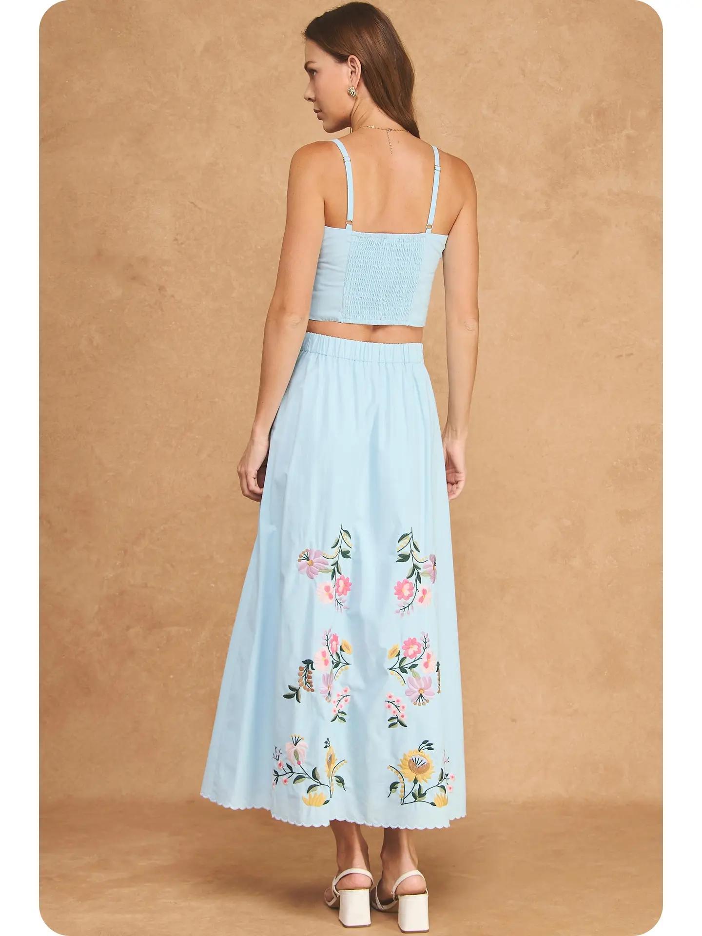 Embroidered Floral Lace Detail Top Skirt Set
