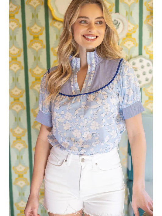 Striped Round Yoke Smocked V-Neck Floral Top