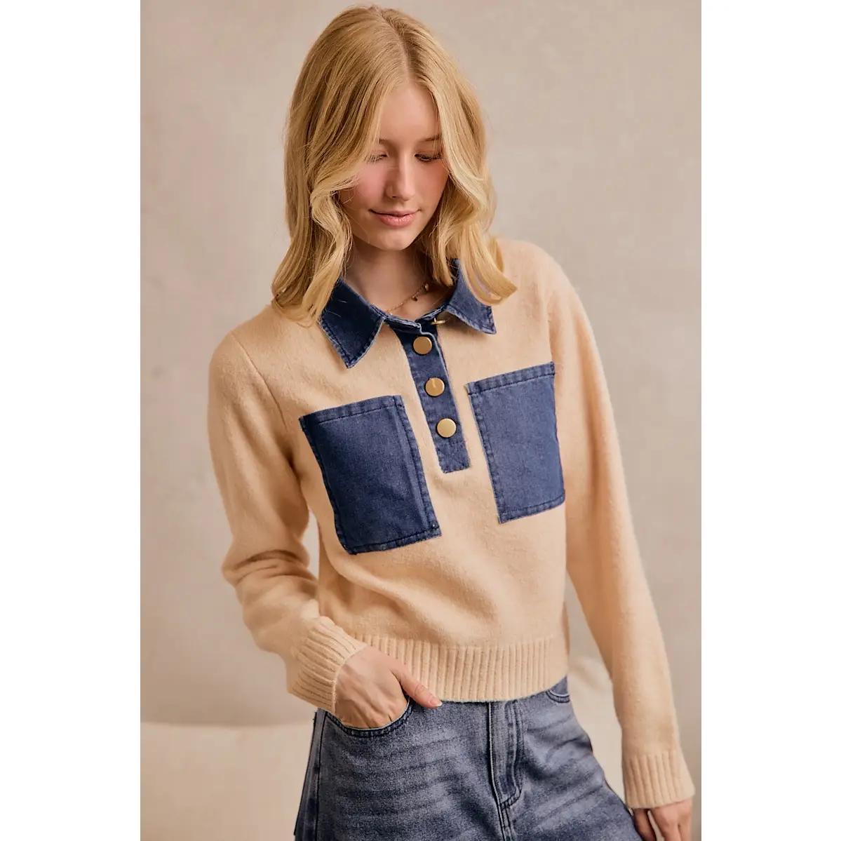 Front Denim Pocket Patched Knit