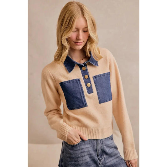 Front Denim Pocket Patched Knit