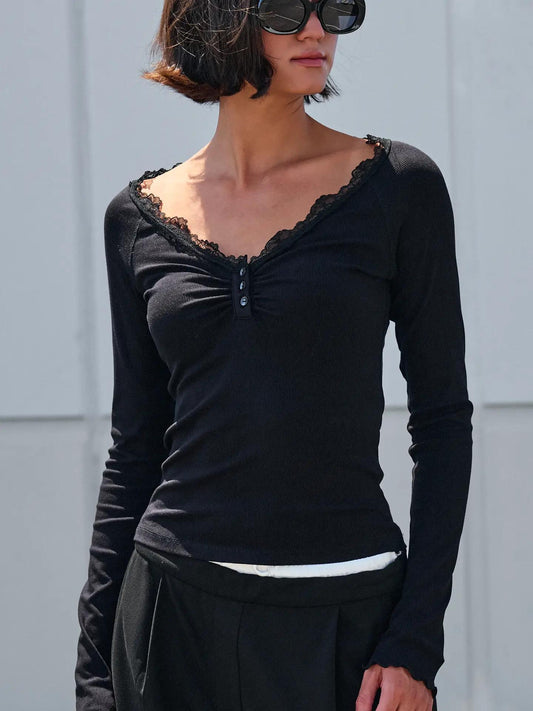 Ribbed Henley w/ Crochet Trim Neckline- black