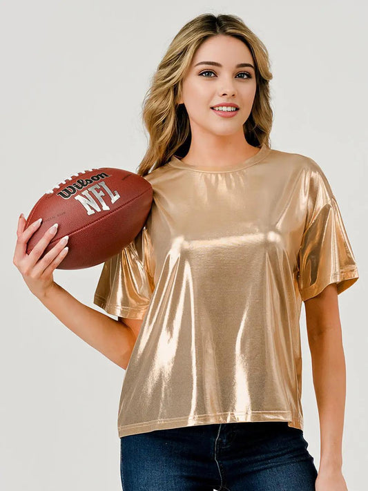 Game Day Metallic Slinky Shimmer T-Shirt Top Gold