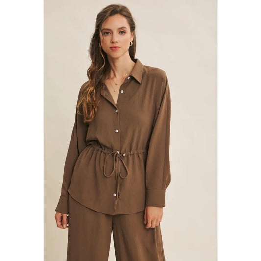 Mocha Button-Down Shirt with Waist Drawstrings