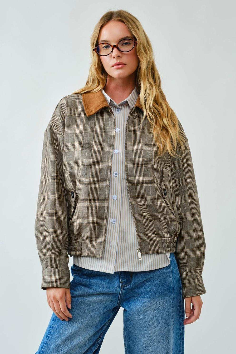 Classic Plaid Bomber Collar Jacket