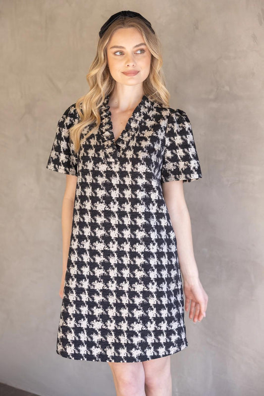 Houndstooth Velvet Ruffle v Neck Shift Dress