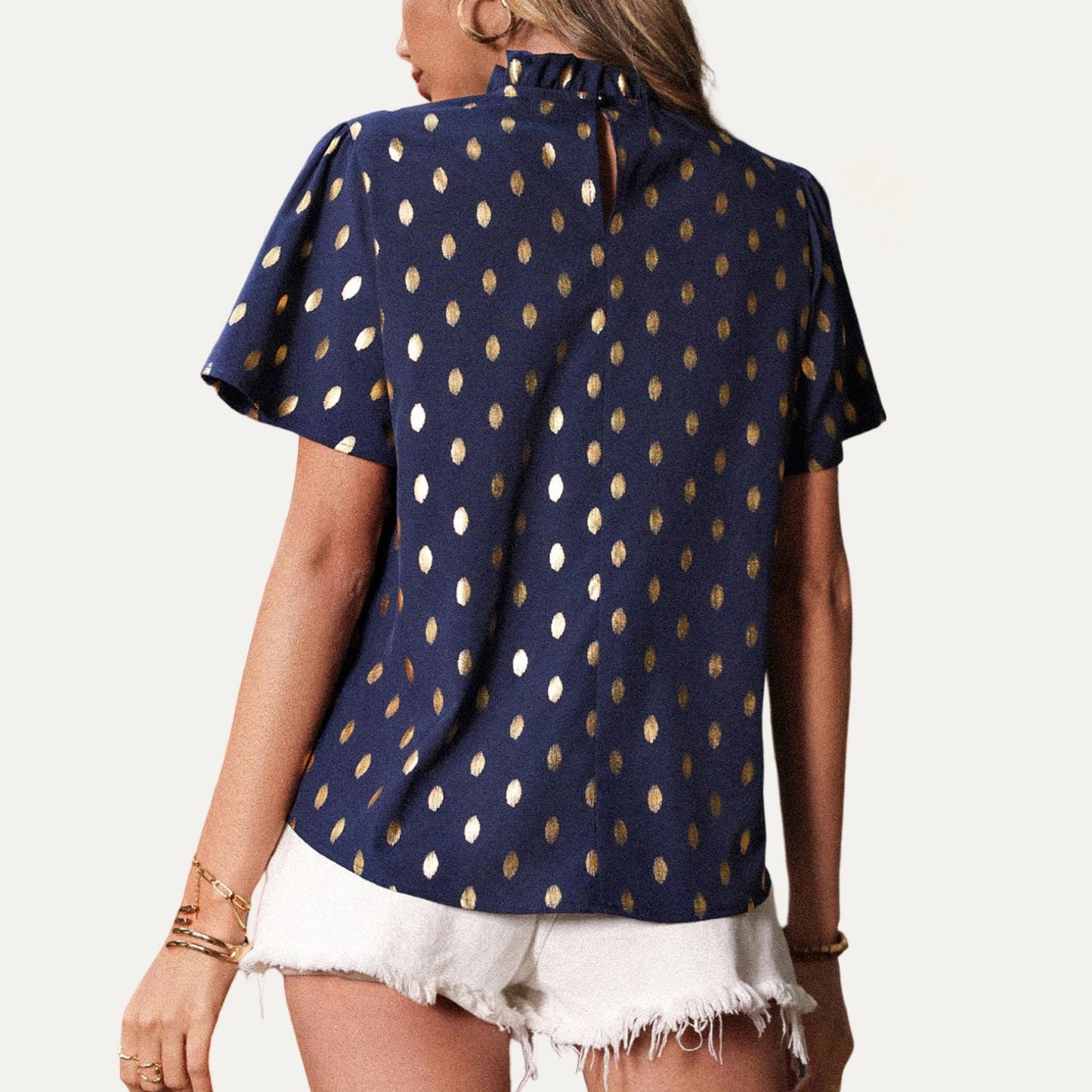 Vintage Polka Dot Mock Neck Short Sleeve Top