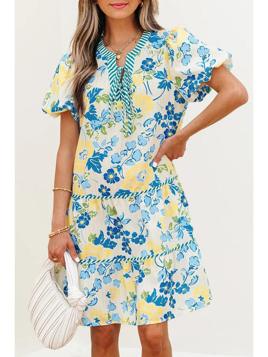 Floral Striped Trim Puff Short Sleeve Dress