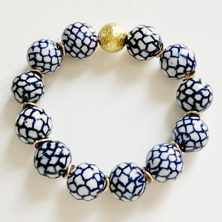Blue Ceramic Chinoiserie Round Bead Bracelet w/ Brass Ball