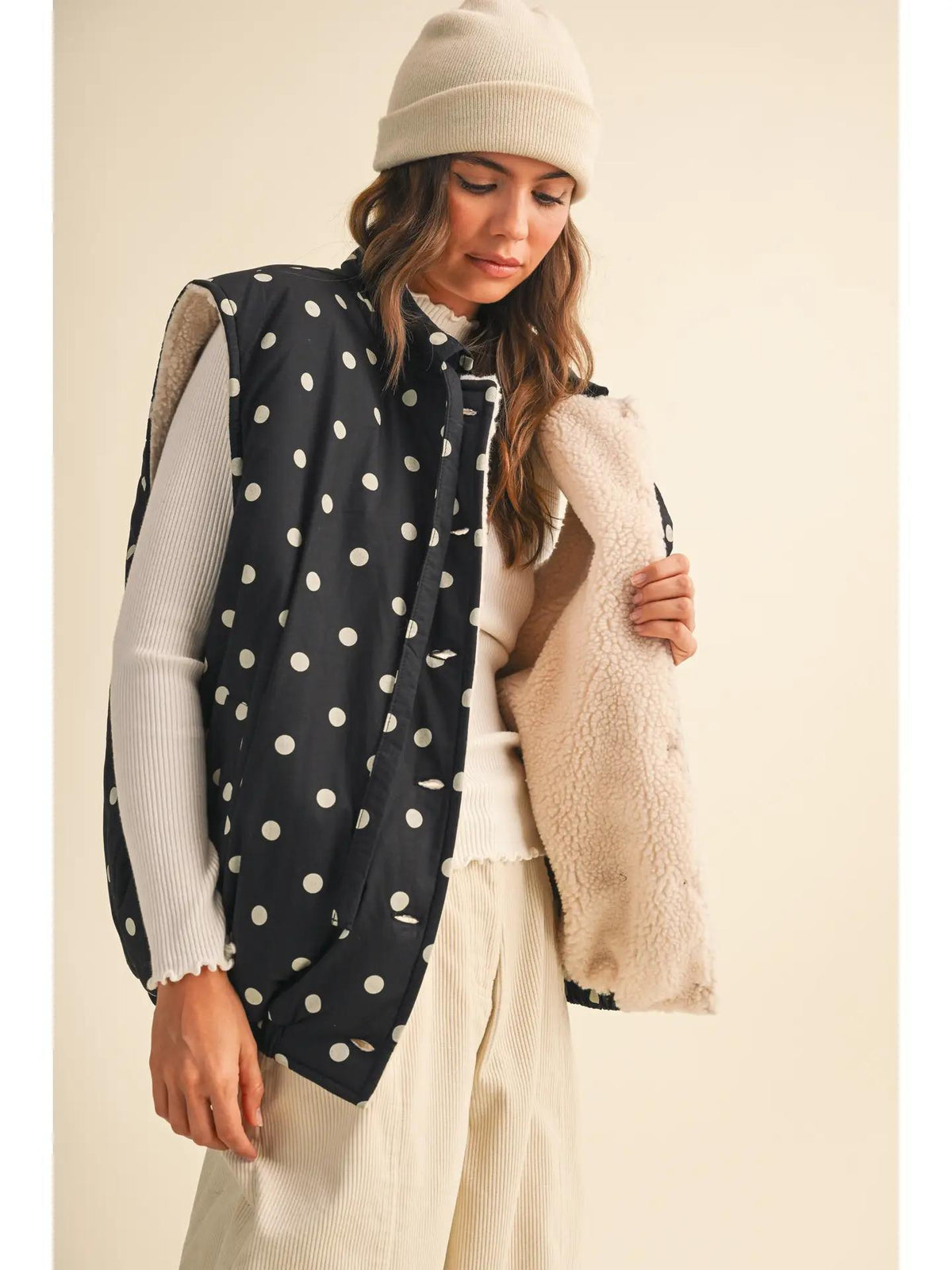 Polka Dot Printed Sherpa Combo Puff Vest