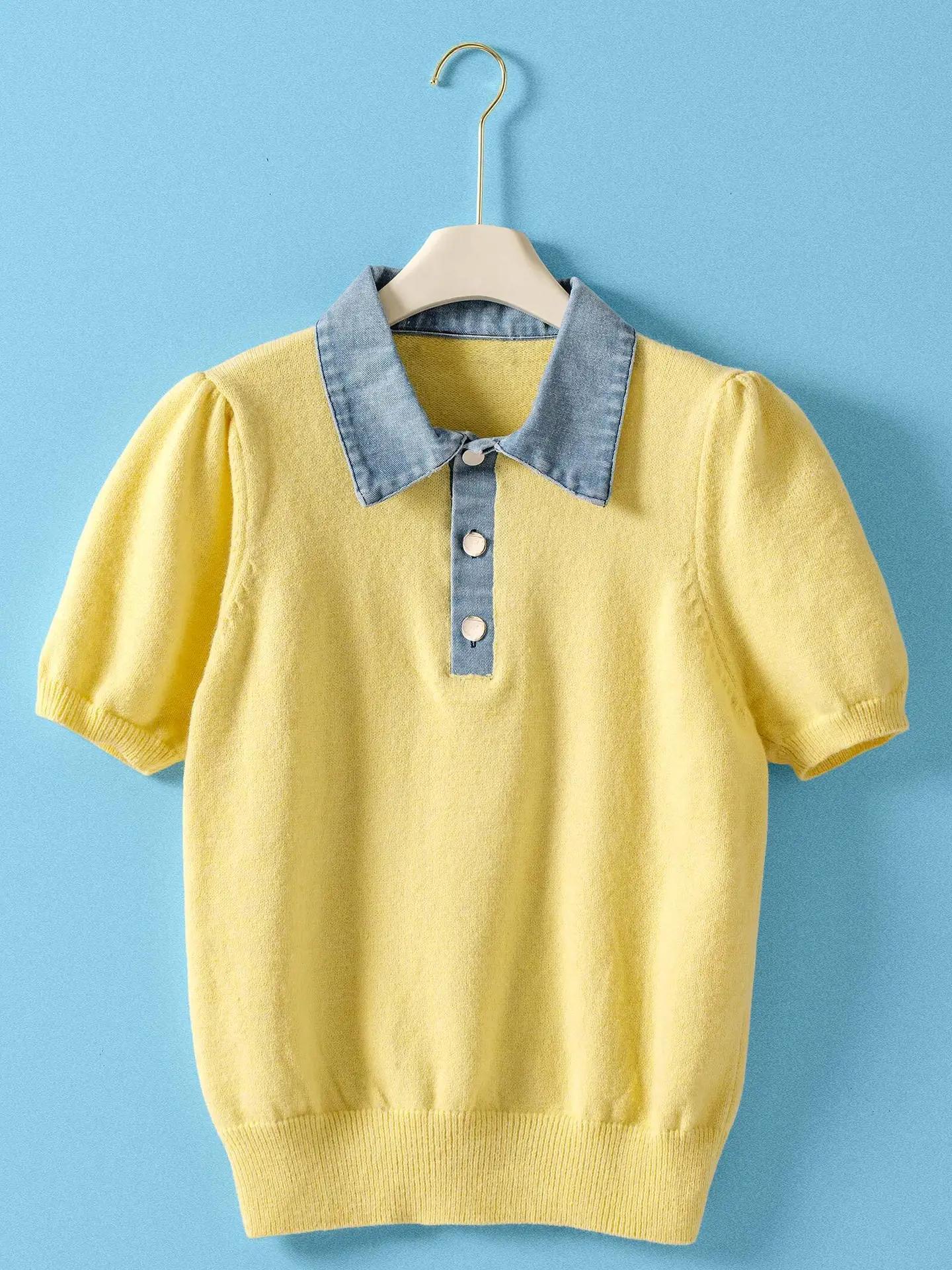 Contrast Denim Collar Knit Sweater Top- Yellow