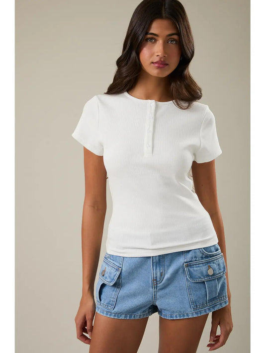 Short Sleeve Henley Knit Top- WHITE