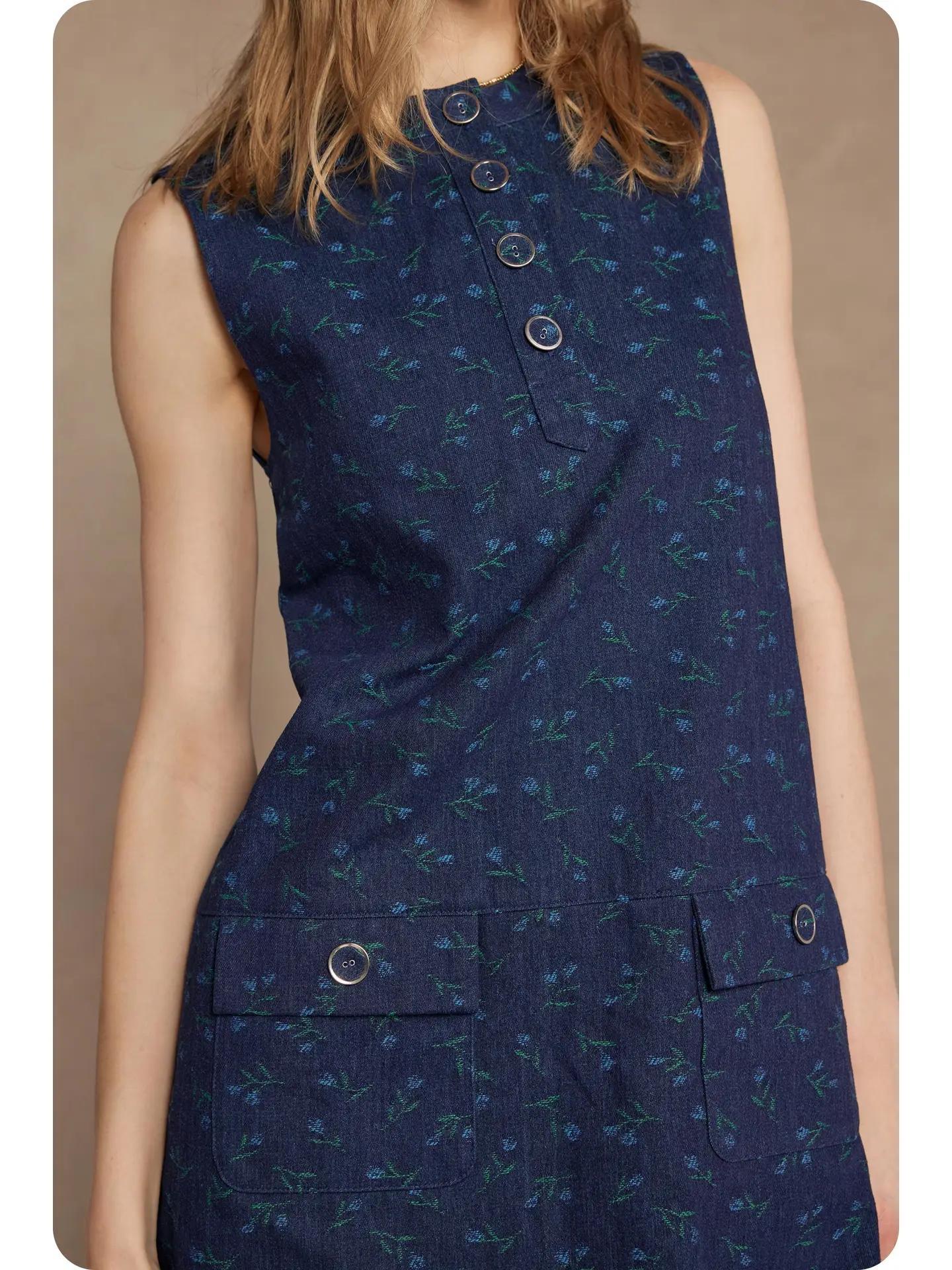 Floral Denim Sleeveless Mini Dress