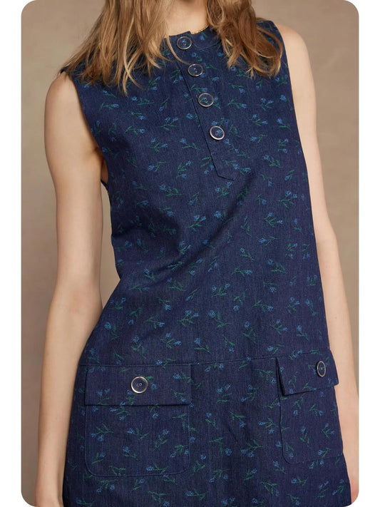 Floral Denim Sleeveless Mini Dress