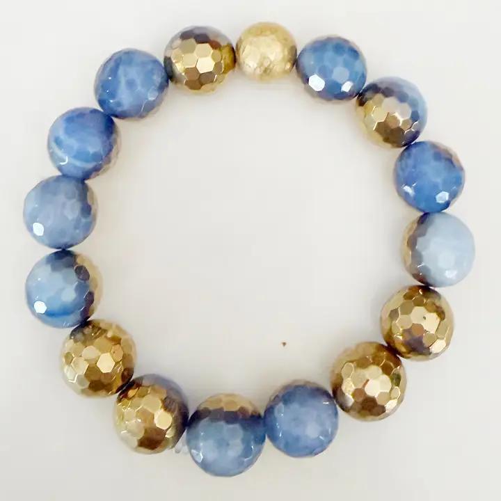 Natural Agate Gemstone Beaded Stretch Bracelet Gold Blue