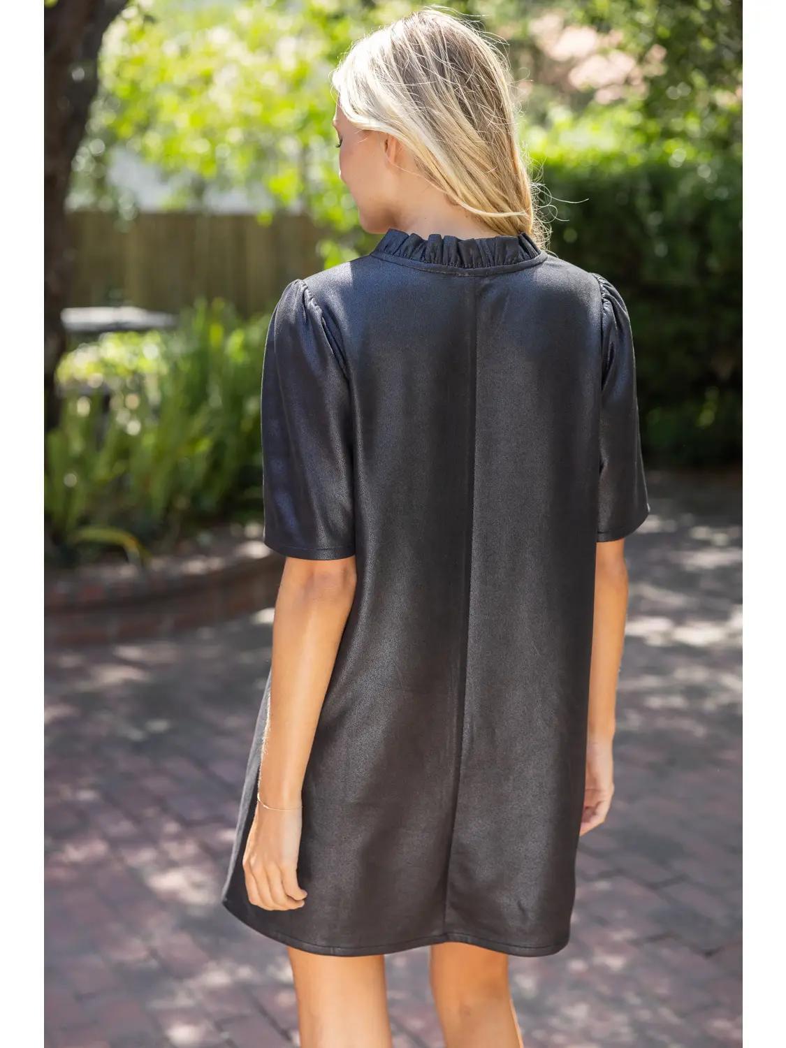 Ruffled V-Neck Solid Faux Leather Shift Dress
