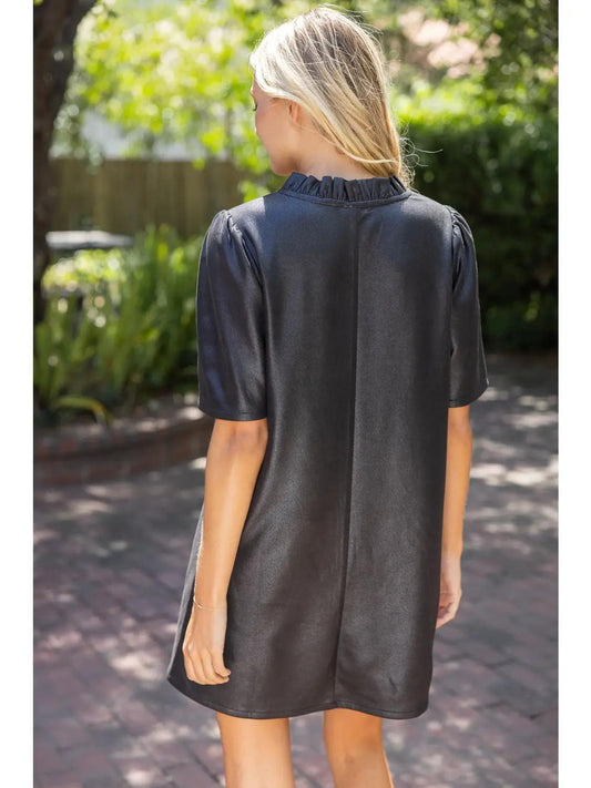 Ruffled V-Neck Solid Faux Leather Shift Dress