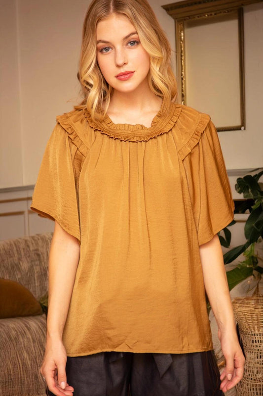 Ruffle Round Neck Dull Satin Top