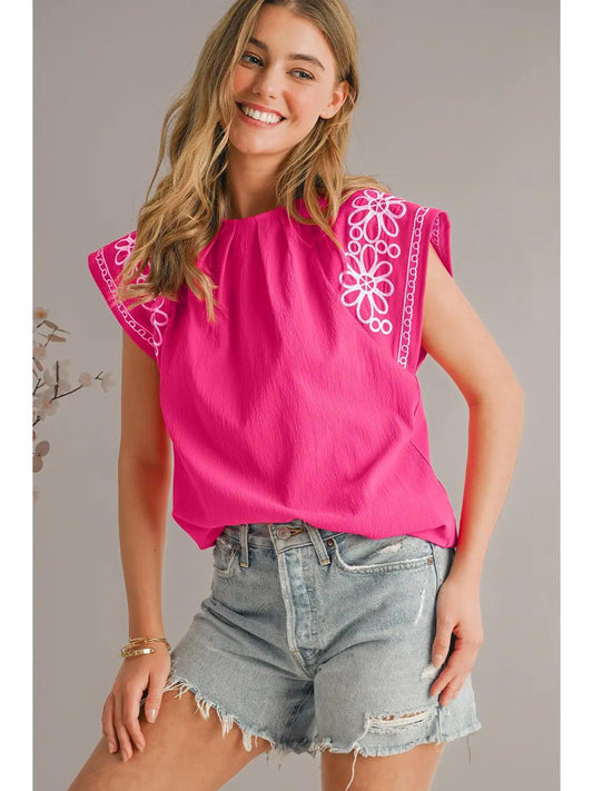 Pink Floral Embroidered Flutter Sleeve Blouse