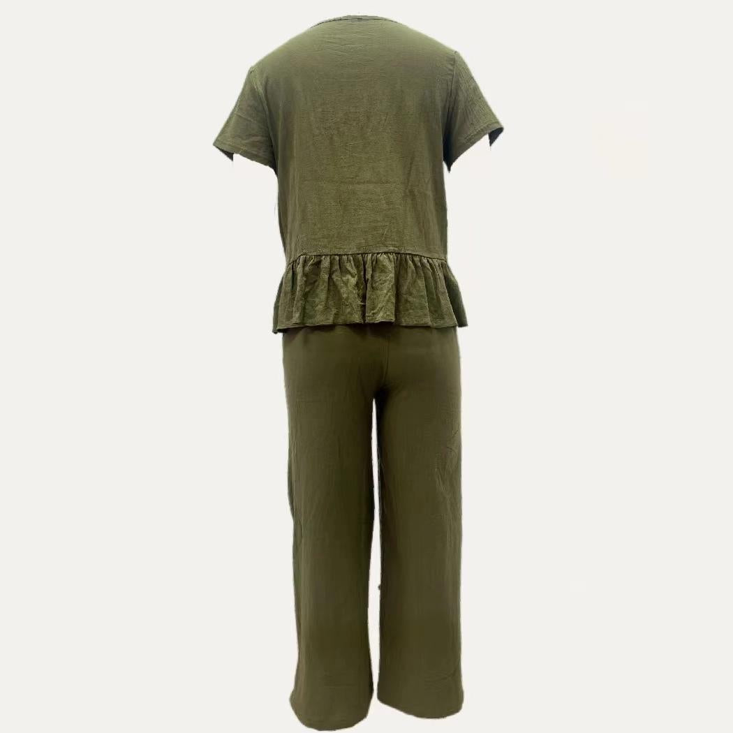 Olive Love Life Short Sleeves Top and Wide-Leg Pants Two-Piece Set