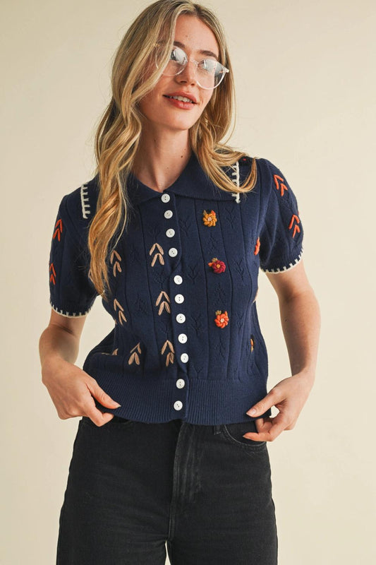 Hand Embroidered Short Sleeve Button Down Sweater