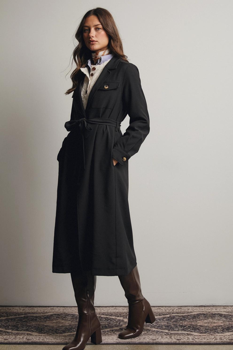 Double Pocket Belted Trench Coat (Black)