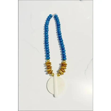 Wood, Glass & Bone Bead Necklace w/ Bone Circle Pendant
