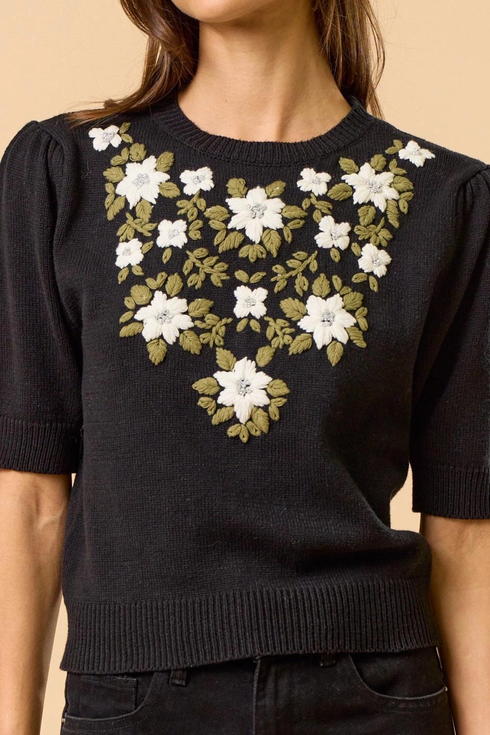 Floral Embroidered Short-Sleeve Sweater Top
