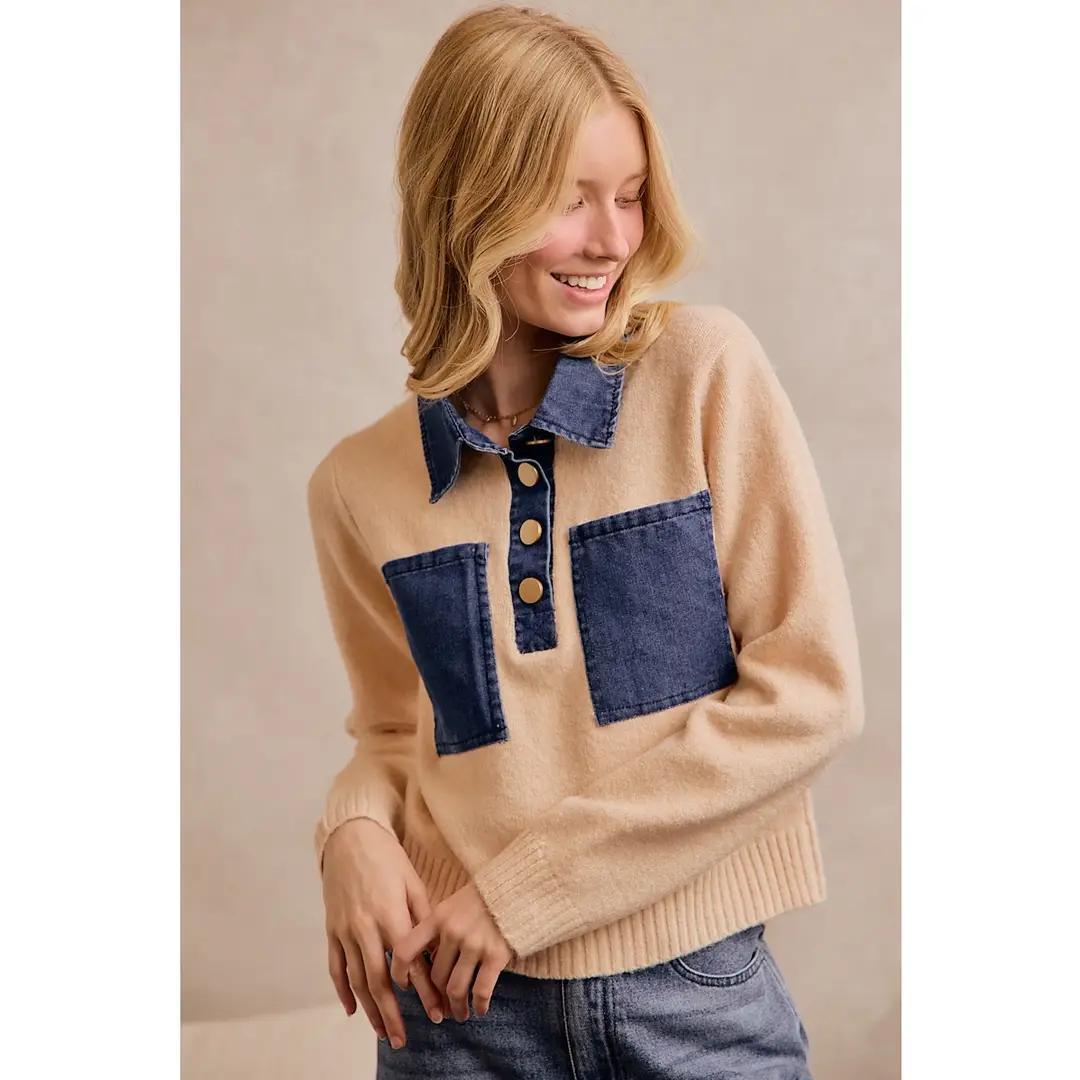 Front Denim Pocket Patched Knit