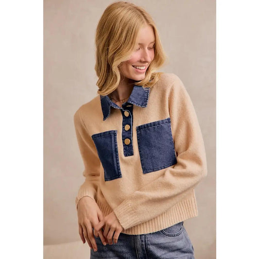 Front Denim Pocket Patched Knit