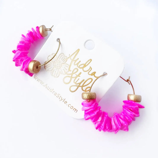 Fall Beaded Hoop Earrings - Hot Pink Colorful Statement Jewelry
