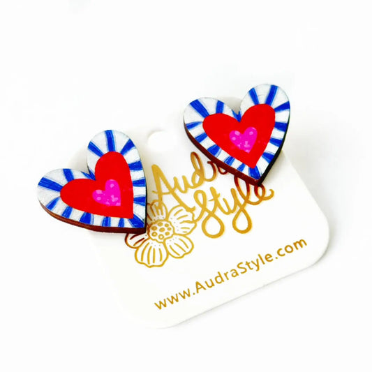 Heart Stud Earrings - Red and Blue