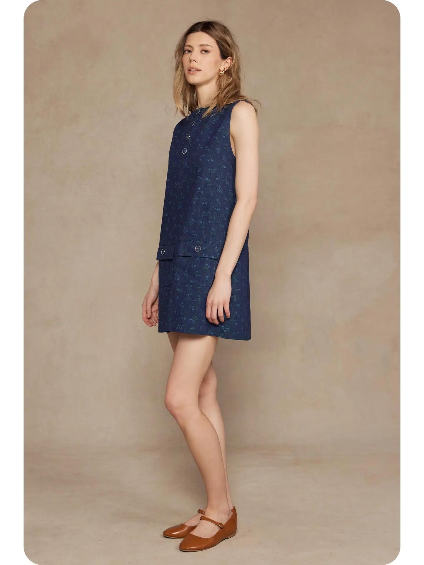 Floral Denim Sleeveless Mini Dress