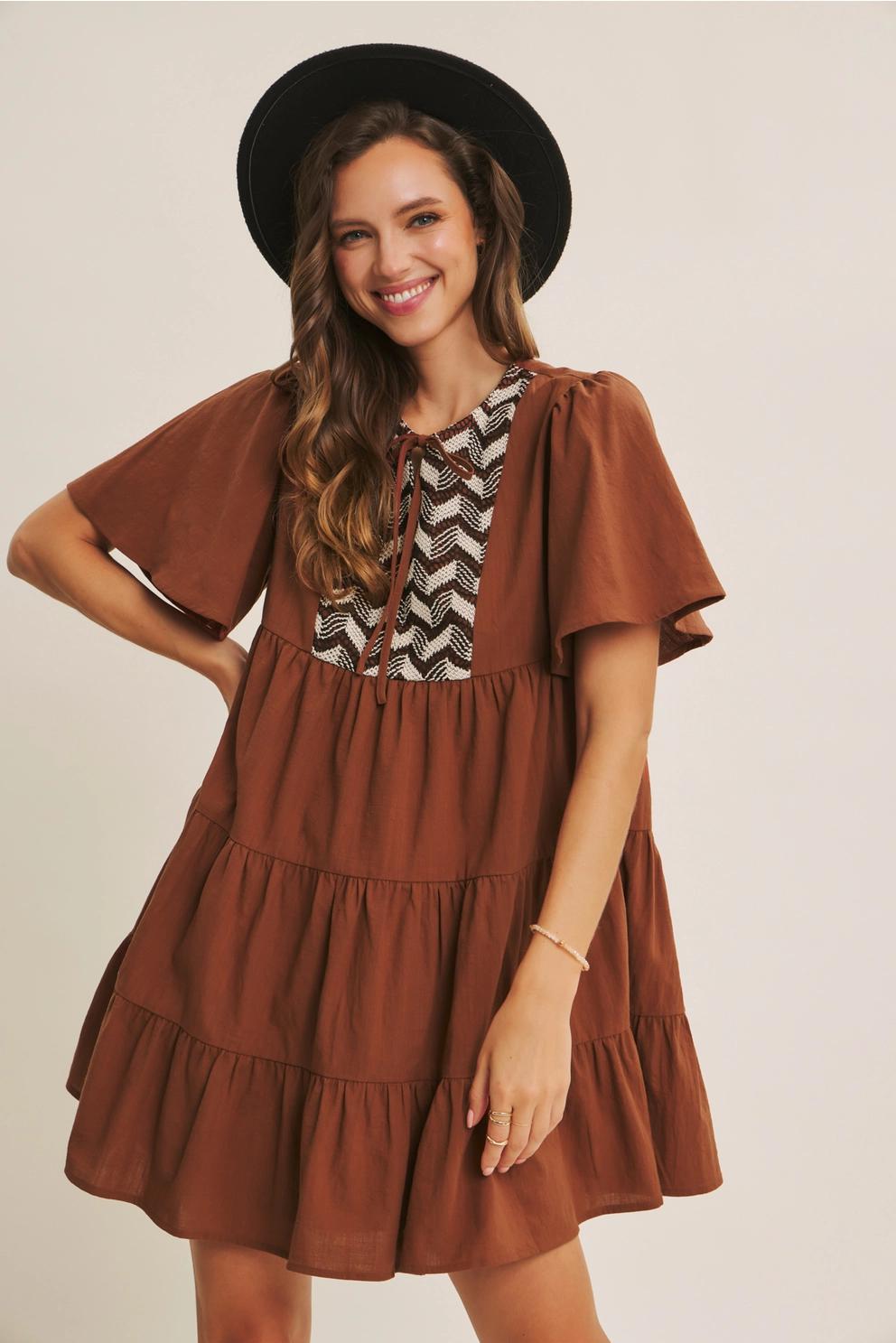 Boho Charm Crochet Yoke Tiered Cotton Mini Dress