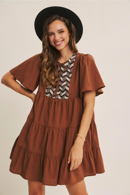 Boho Charm Crochet Yoke Tiered Cotton Mini Dress