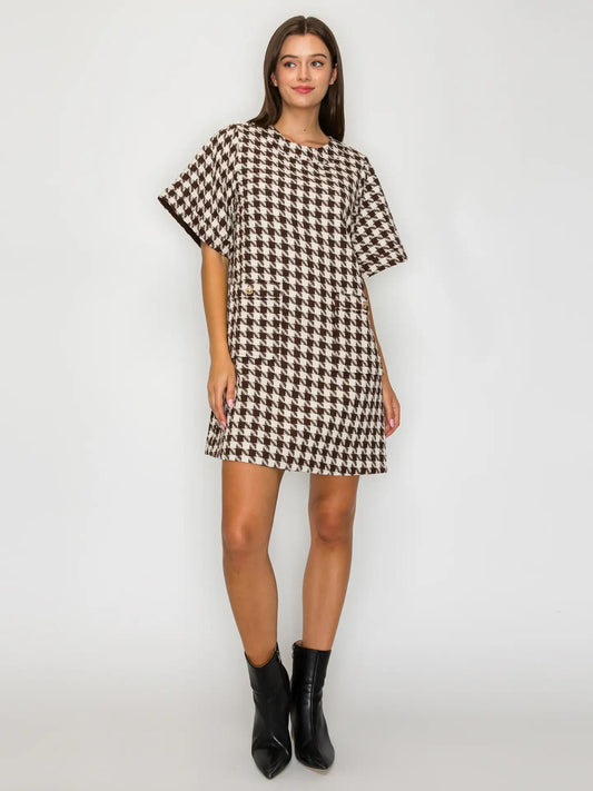 Mocha Latte Houndstooth JQD Mini Dress