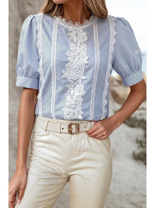 Stripe Floral Lace Puff Sleeve Blouse
