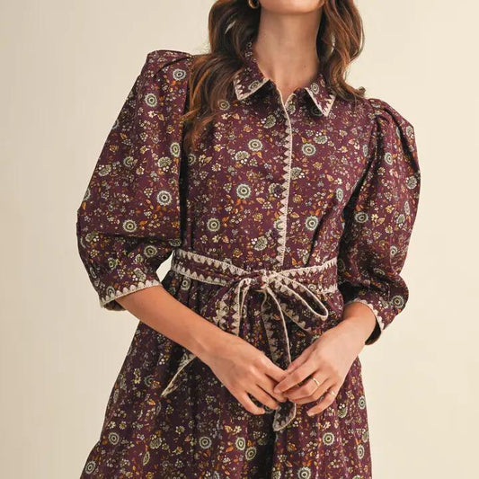 Blanket Stitch Puff Sleeve Floral Mini Dress