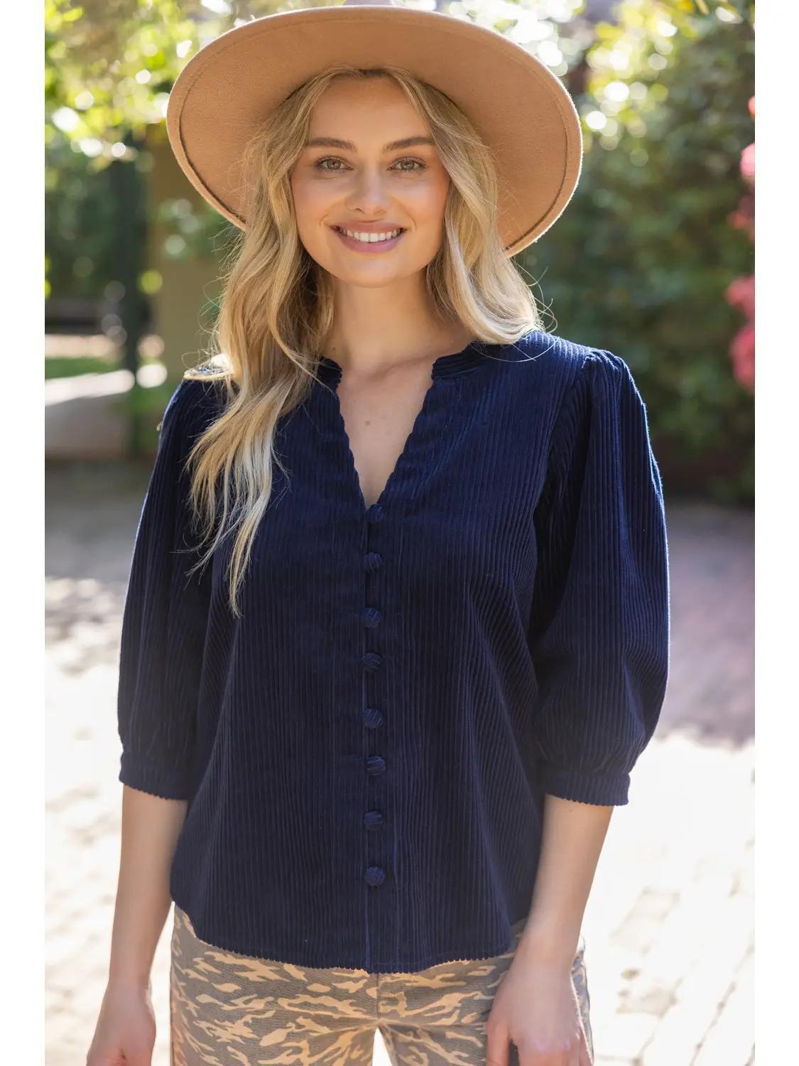Half Sleeve Cover Button Down Corduroy Top