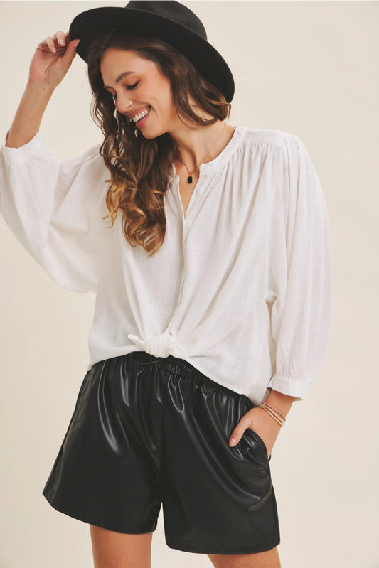 Off White Linen Blend Oversized Button-Down Blouse