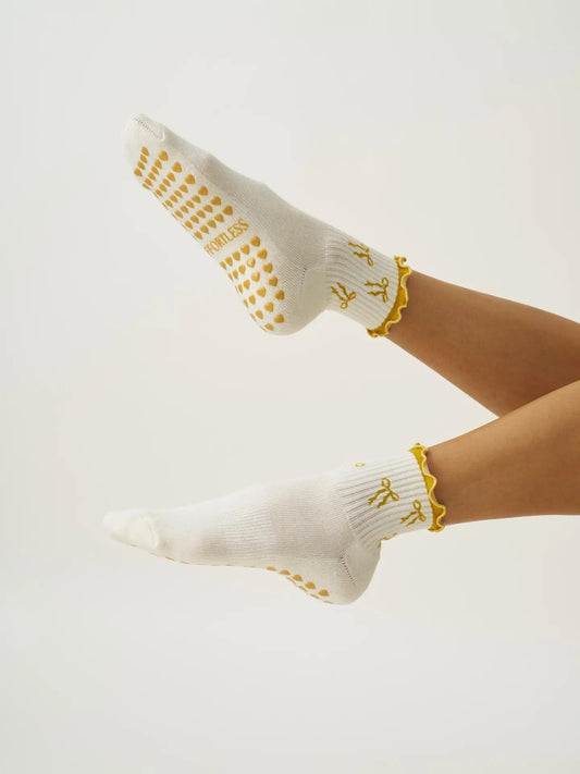 Bow Ruffle Grip Sock [Gold], Pilates Socks