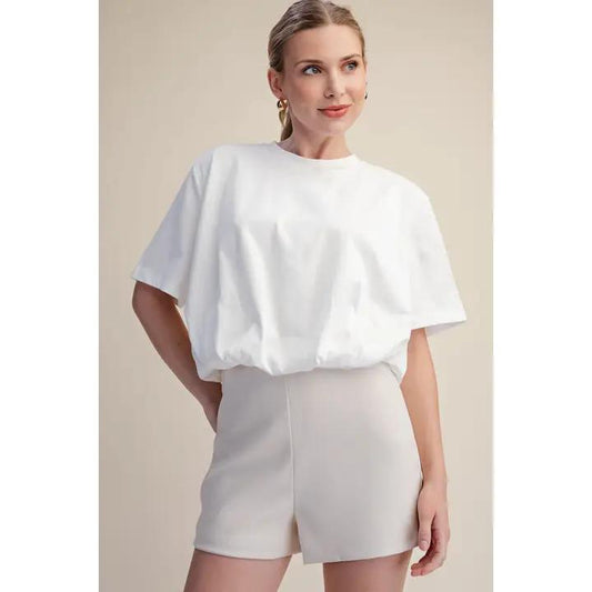 Cropped Bubble Hem T-Shirt- White