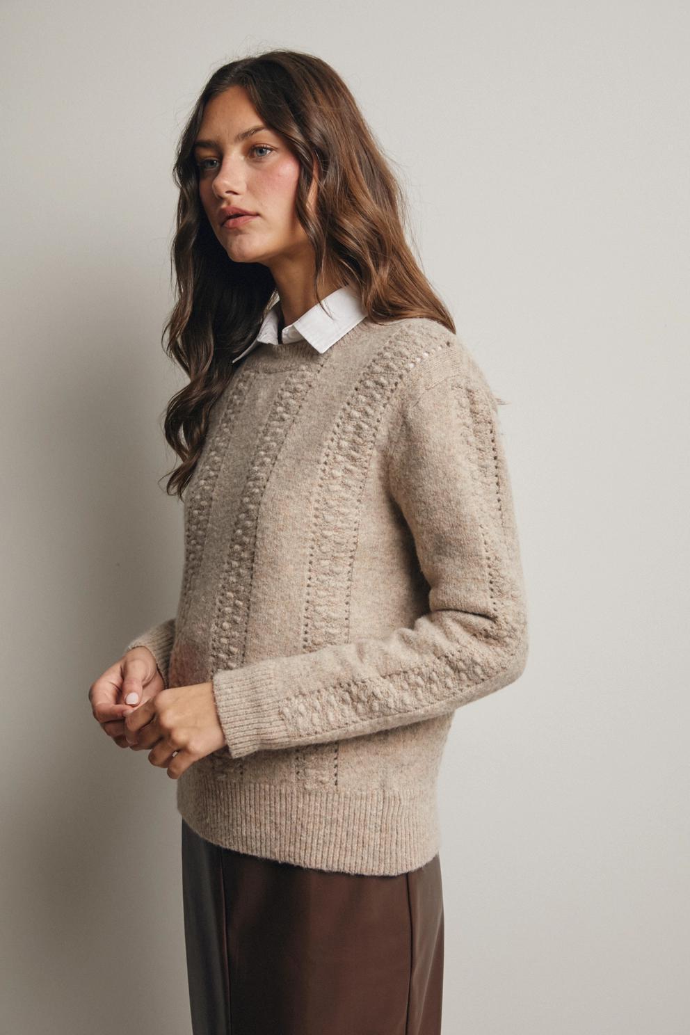 Textured Cable Stitch Pullover Sweater (Taupe)